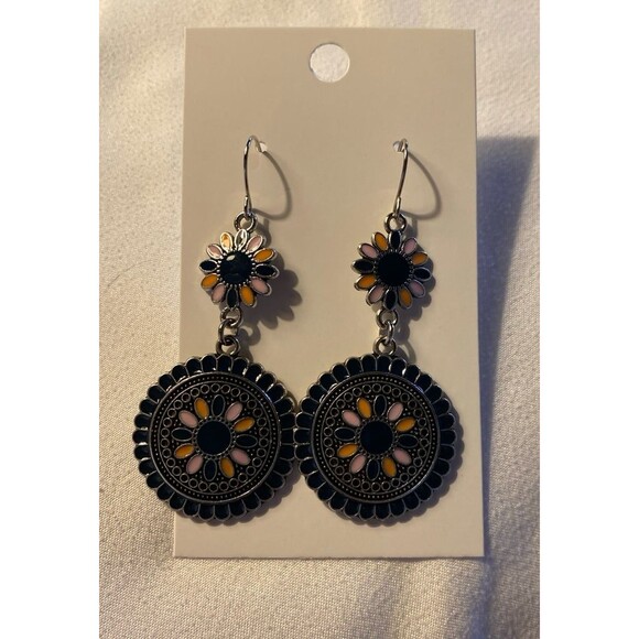 Earrings Boho  Silver & Black w/ Pink Orange Flowers Dangle Metal Shiny Hippie - Picture 1 of 6